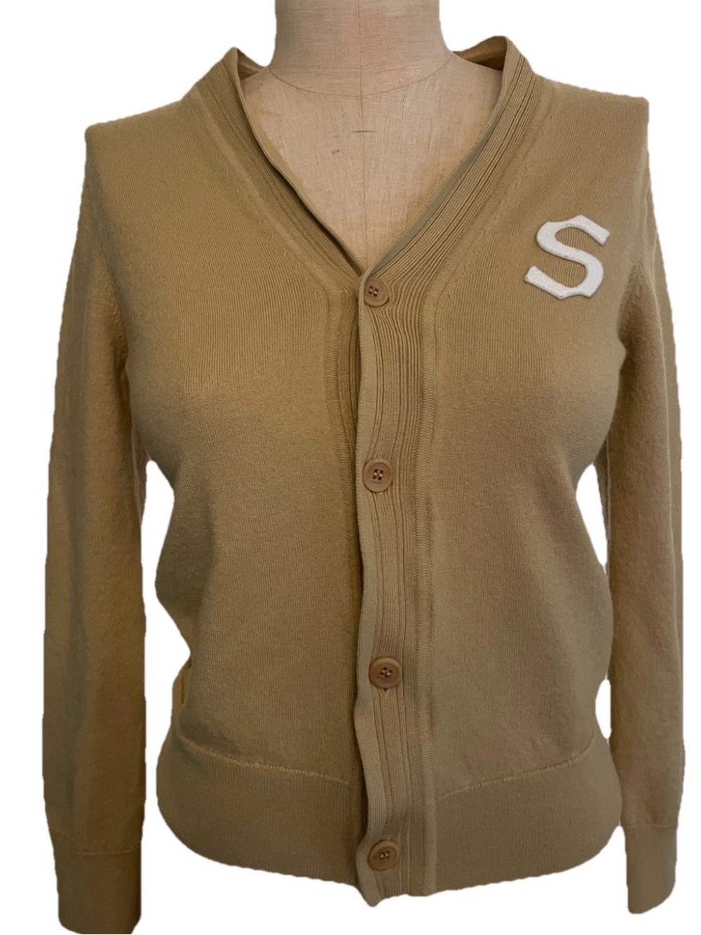 Sandro Camel Button-Front V-Neck Cardigan Signature Logo Sweater XS